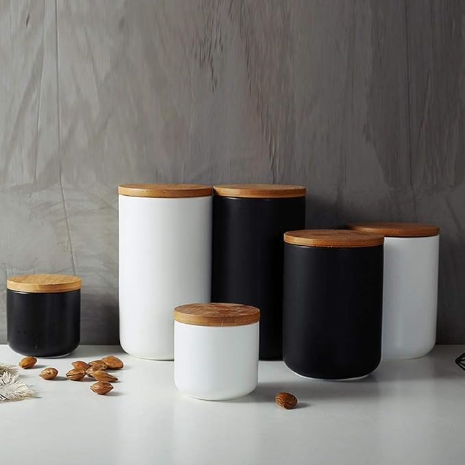 MilkyWay Food Storage Jar Strong Ceramic Storage Canisters with Airtight Seal Bamboo Lid Modern Design Seal Damp-Proof Kitchen Jar for Coffee, Tea, Spice and More (Black(L: 34 oz/1000ml))