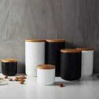 Ceramic Food Storage Jar Canister Modern Design Food Canisters with Airtight Seal Bamboo Lid, Loose Tea Coffee Spice Nuts Snacks Storage Jar Canister (White 8.79oz/260ml)