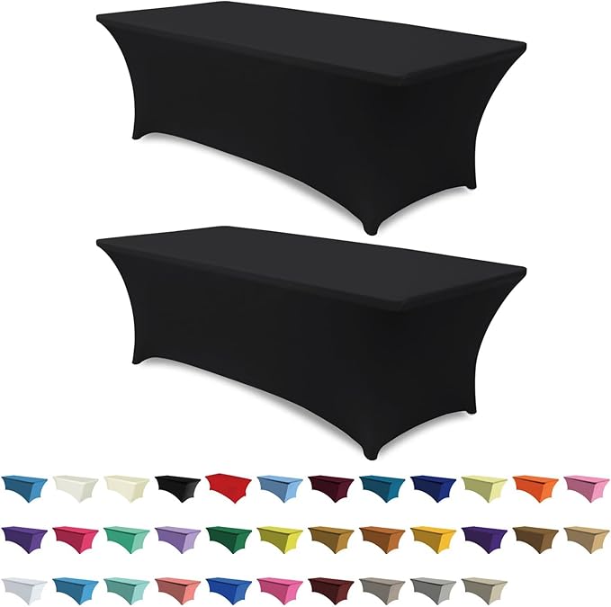 ABCCANOPY 6 FT Black Spandex Table Cover Wrinkle Resistant Fitted Stretch Tablecloth Reuse for Rectangular Folding Table Patry Event Wedding Banquet Protector 2 Pack