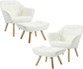 Modern Sherpa Accent Chair with Ottoman Set of 2, Fluffy Upholstered Lounge Chair with Footrest, Comfy Living Room Side Boucle Armchair for Small Space Bedroom, White
