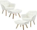 Modern Sherpa Accent Chair with Ottoman Set of 2, Fluffy Upholstered Lounge Chair with Footrest, Comfy Living Room Side Boucle Armchair for Small Space Bedroom, White