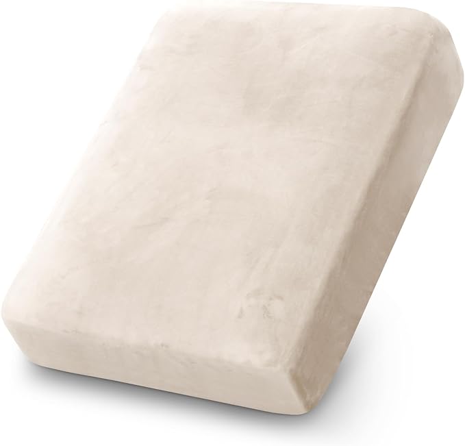PrinceDeco Stretch Velvet Couch Cushion Cover,Soft Fitted Cushion Slipcover for Chair Cushion Furniture Protector Seat Cushion Sofa Cover Width Up to 29.5", Ivory