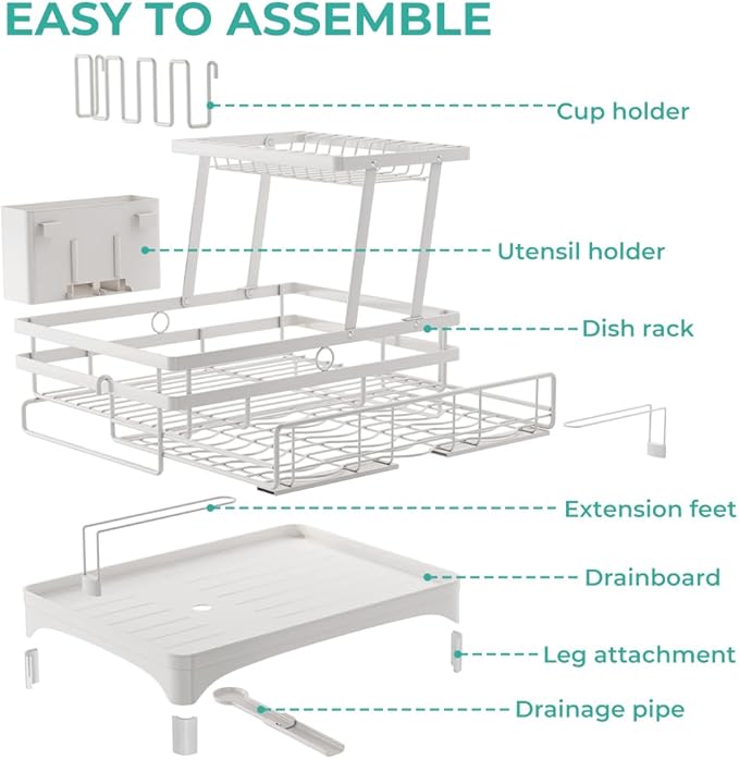 2 Tier Large Dish Drying Rack - Extendable Dish Rack, 2-in-1 Anti-Rust Stainless Steel Dishrack for Kitchen Counter and Sink, Dish Strainer with Utensil Holder & Cup Holder(White)