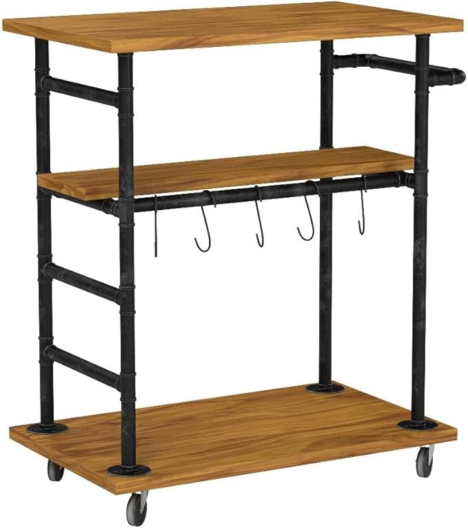 Industrial Portable Kitchen Island on Wheels,Bar Carts for the Home Wine Bar Beverage Coffee Cart,Metal Rolling kitchen carts and islands,Wood and Pipe 3-Tier Butcher Block Island Food Serving Cart