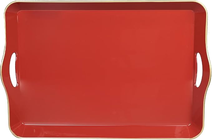 Spsyrine Large Red Decorative Tray, Elegant Plastic Serving Tray with Handles, Coffee Table Tray for Ottoman, Living Room, Home Decor 17.3"*11.8"*2"