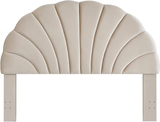 24KF Stunning Crown Design King Headboard, Upholstered Soft Velvet Petal Pattern Headboard King/CA King-Beige