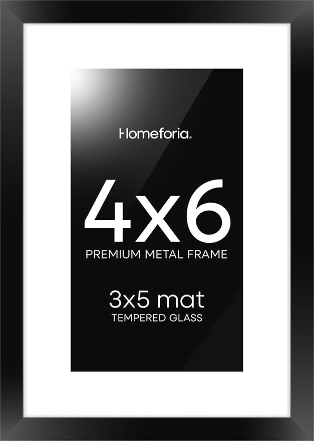 Homeforia 4x6 Picture Frame Black, High End Metal 4 x 6 Black Frames with Mat 3 x 5 for Art, 4x6 Desk Frame Matted to 3x5 inch Photo, 4 by 6 Wall or Tabletop Frames, Tempered Glass, Wall Kit, Set of 1