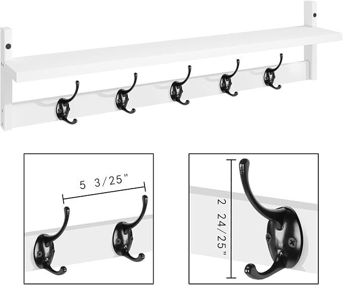 BAMEOS Wall-Mounted Wood Shelf with 5 Dual Hooks for Bathroom, Living Room, Bedroom (White-with Shelf)