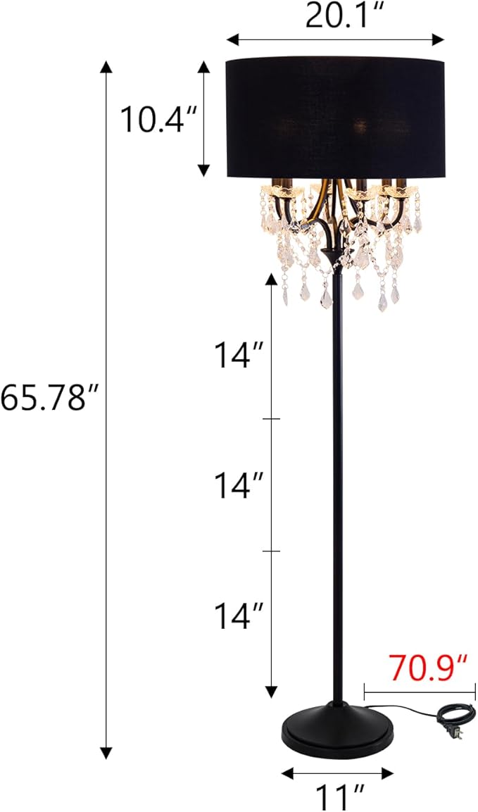 Wellmet Black Crystal Drum Shade Floor Lamp, 6 Light Black Gold Shade, Candle Base, for Living Room, Bedroom, Reading Room, Hallway, Corridor
