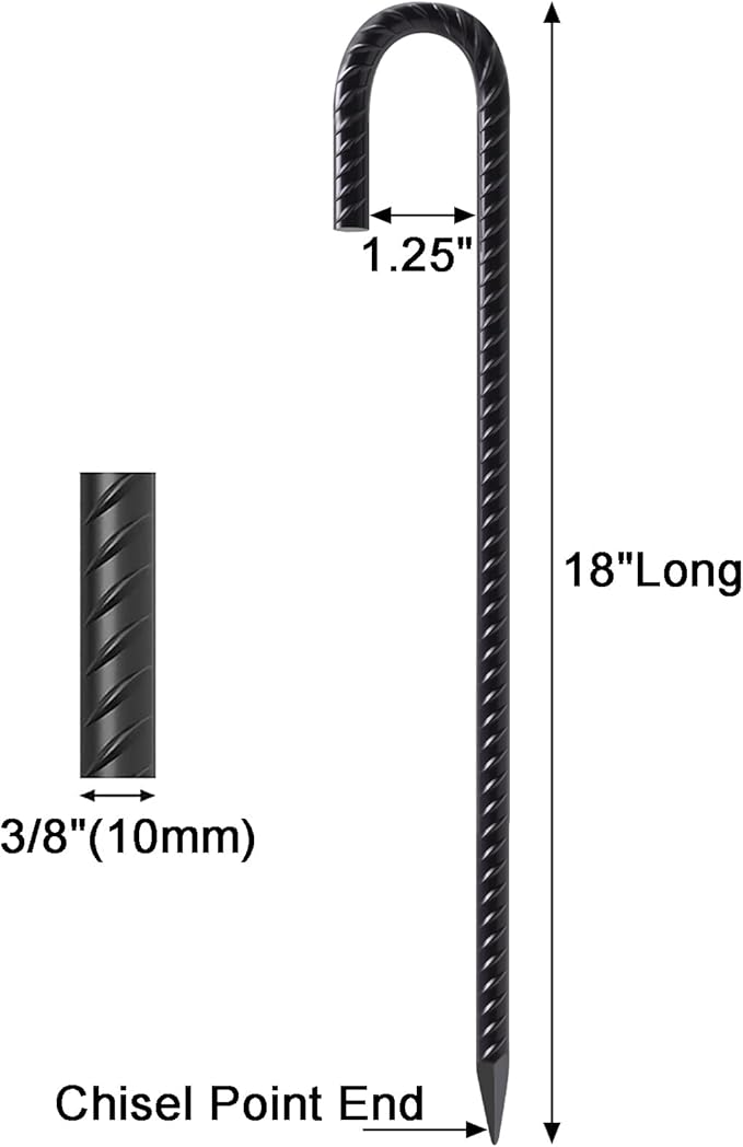 VVOKGO Rebar Stakes 18 Inch J Hook Heavy Duty Ground Anchors (16-Pack), 3/8" Diameter Metal Steel Extra Long Fence Stakes with Chisel Point End for Greenhouse, Gazebo, Carport, Camping Tents, Black