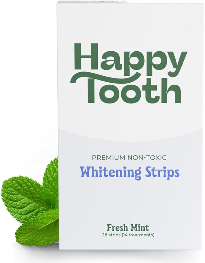Happy Tooth Natural Teeth Whitening Kit, Strips for Sensitive Teeth, Enamel Safe, Dentist Formulated, Fluoride Free, Natural Ingredients, Gentle Daily Use, 28 Strips, 14 Treatments, Fresh Mint Flavor