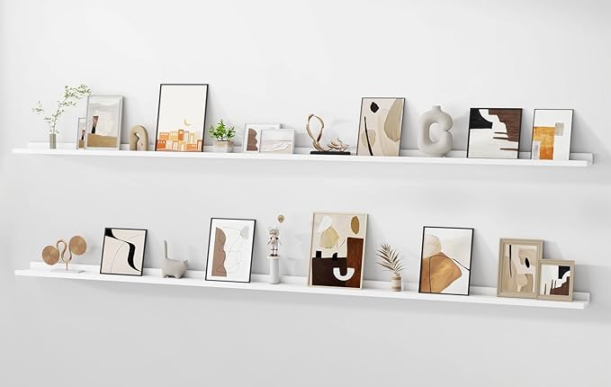 Floating Picture Ledge Shelves for Wall Set of 2, 95 Inches Picture Ledge Shelf with Long Large Nursery Book Shelf for Toys Storage Kids Bookshelf Wall Mounted Living Room Bedroom Decor Frames, White