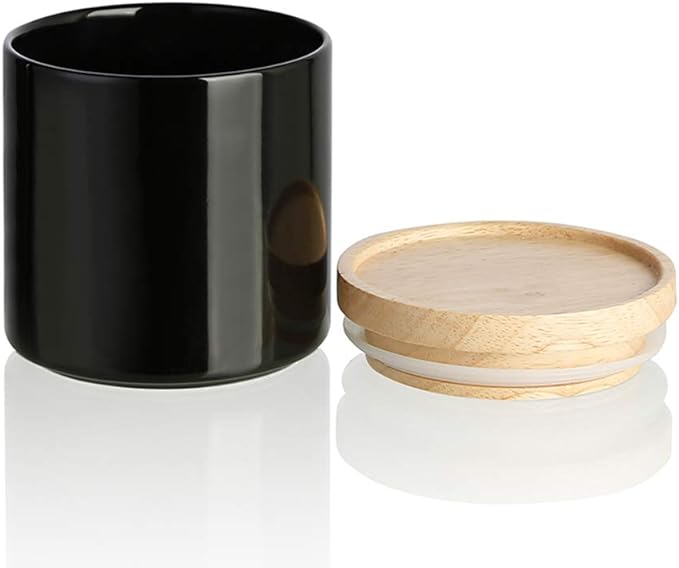 Sweejar Kitchen Canisters Ceramic Food Storage Jar, Stackable Containers with Airtight Seal Wooden Lid for Serving Ground Coffee, Tea, Sugar, Salt and More - 16 Fl Oz (Black)