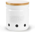 Large Garlic Keeper with Wooden Lid, Ceramic Garlic Holder Storage, Garlic Container for Kitchen, Garlic Saver to Keep Your Garlic Cloves Fresh Longer 4.5-Inch, White