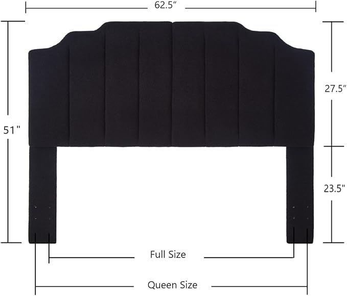 24KF Black Teddy Fabric Tufted for Queen Upholstered Headboard, Modern Vertical Channel Design Full Headboard with Stepped Silhouette Top Edge, 6026-Q-Teddy Black