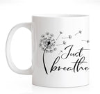 RZHV Just Breathe 11 Oz Novelty Mug, Funny Dandelion Coffee Mug for Floral Lover, Calming Gifts for Yoga Lover, Meditation Mental Health Gifts for Women