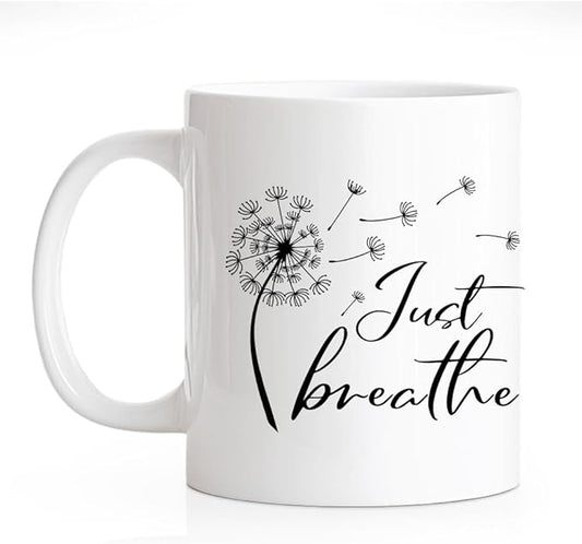 RZHV Just Breathe 11 Oz Novelty Mug, Funny Dandelion Coffee Mug for Floral Lover, Calming Gifts for Yoga Lover, Meditation Mental Health Gifts for Women
