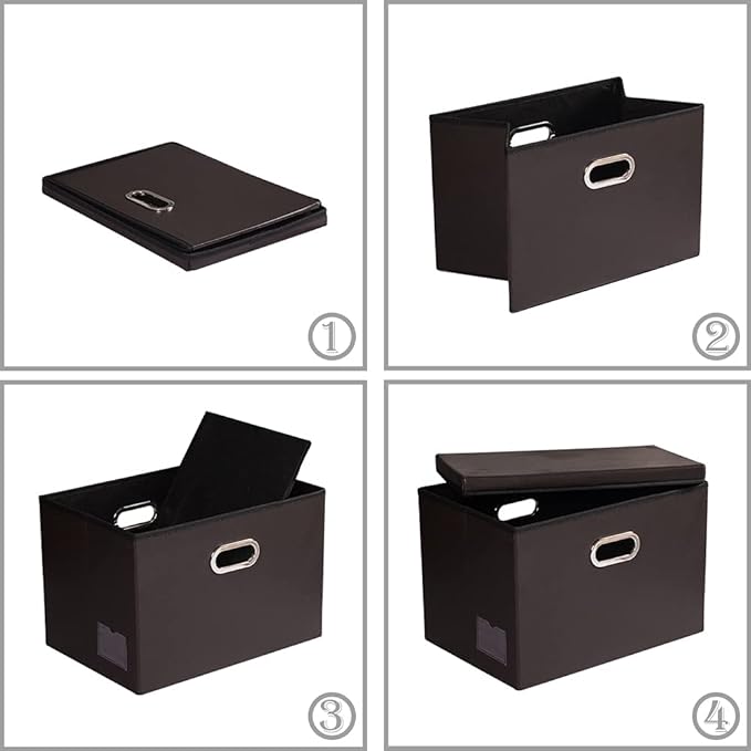 PRANDOM Large Foldable Storage Bins with Lids [3-Pack] Leather Fabric Collapsible Storage Boxes Organizer Containers Baskets Cube with Cover for Home Bedroom Closet Office Brown(17.7x11.8x11.8)