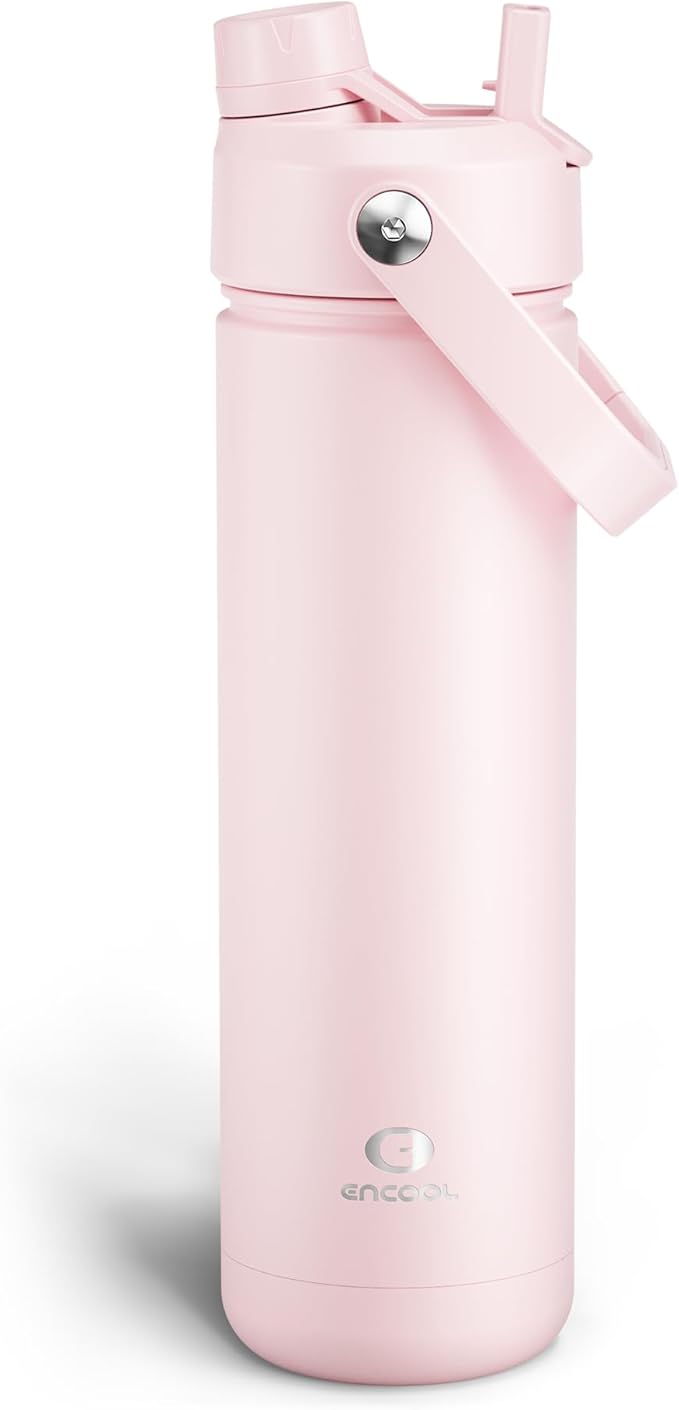 Insulated Water Bottle with Straw - Encool Stainless Steel Water Bottle, Leak-Proof, BPA-Free, Double Wall Vacuum Keeps Cold for 24 Hours for Sports, Travel, School (26 oz, Cotton Candy)