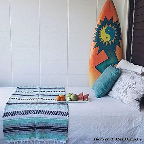 Del Mex Classic Mexican Blanket, Large Authentic Woven Falsa Throw (70"x50"), Artisan Southwest Décor for Beach, Yoga, Outdoors (Mint/Gray)