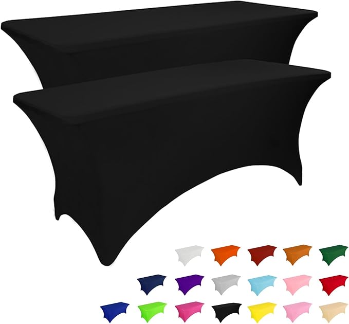 IVAPUPU 2 Pack 8FT Table Cloth for Rectangular Fitted Events Stretch Black Table Covers Washable Spandex Tablecloth Protector for Party, Wedding, Cocktail, Banquet, Festival