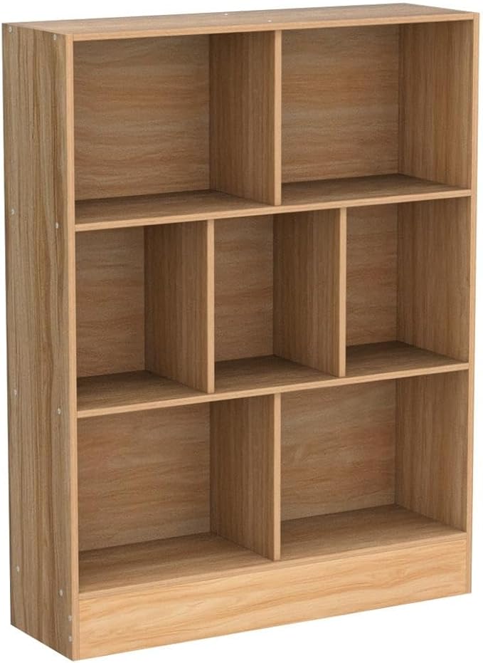 LEYAOYAO 7 Cube Bookshelf with Base,3 Tier Mid-Century Modern Natural Bookcase,Standing Wide Bookshelves Storage Organizer Shelf,Rustic Wood Display Cabinet Book Shelves for Bedroom,Living Room,Office