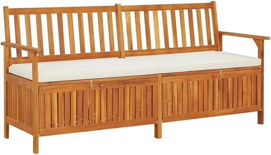 vidaXL Solid Acacia Wood Storage Bench with Cushion- Brown & Cream White, Indoor-Outdoor Versatile Bench with Ample Storage, Comfortable Padded Cushion Included