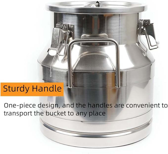 Stainless Steel Milk Can, 12L/3.16 Gallon Heavy Duty Airtight Storage Canister Milk Bucket with Lid, Embedded Silicone Milk Jug Wine Pail Water Cereals Bucket with Three Latches and Two Handles