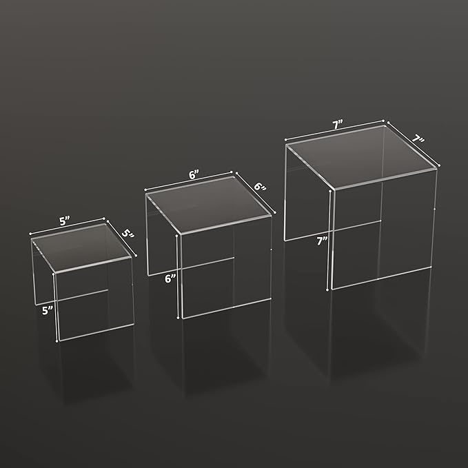 Clear Acrylic Risers 3 pcs, Square Acrylic Food Display Stands Tabletop, Display Shelf for Vendors, Collectibles, Funko Pop, Food, Glasses, Perfume, Small Plants - 5''x6''x7''