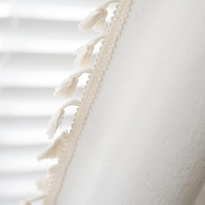 Sutuo Home Boho Curtain with Handmade Tassels, Rod Pocket Window Treatment Vintage Rustic Bohemian French Farmhouse Semi-Blackout Solid Drape for Bedroom, 1 Panel 59" W x 84" L,Cream White