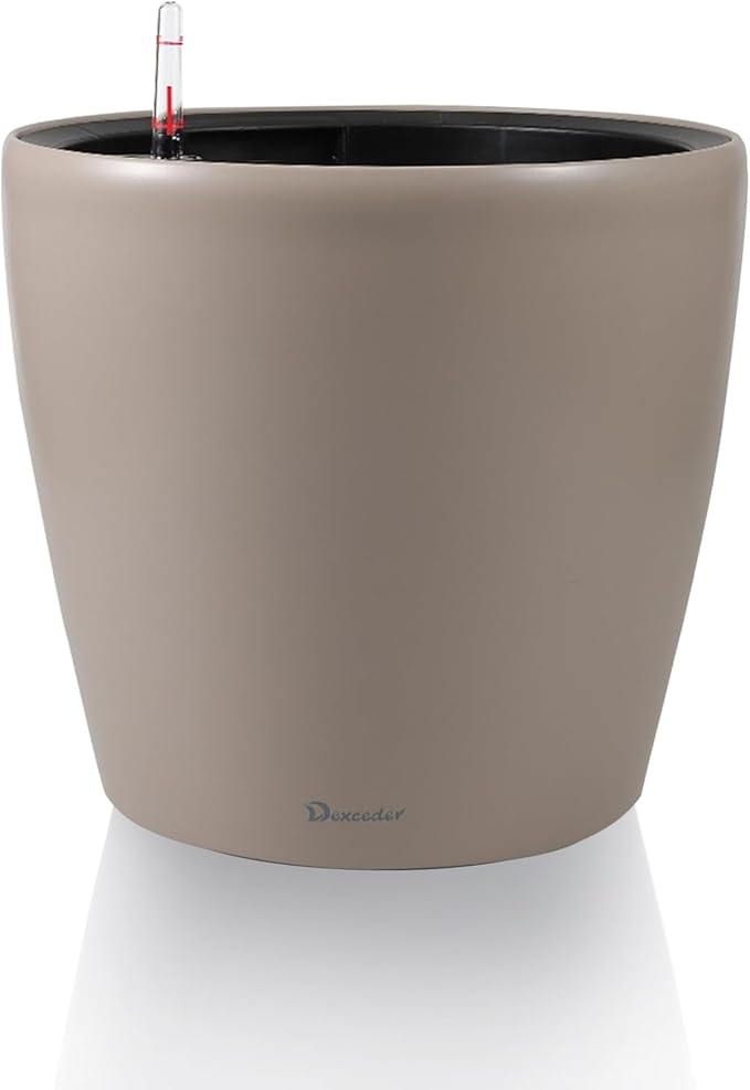 Dexceder 11x10 Inches Self Watering Planter Indoor Outdoor, Inner Pot Design, Thickened Table Flower Plant Pot with Water Level Indicator (Taupe Matte)