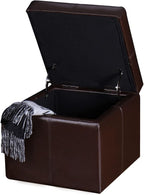 Adeco 17.7" Leather Cube Storage Brown Ottomans for Living Room