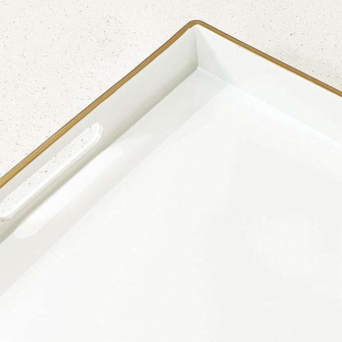Large White Rectangular Decorative Tray – Plastic Serving Tray with Handles for Coffee Table, Ottoman, Living Room, 15.7” x 11.8” x 1.6