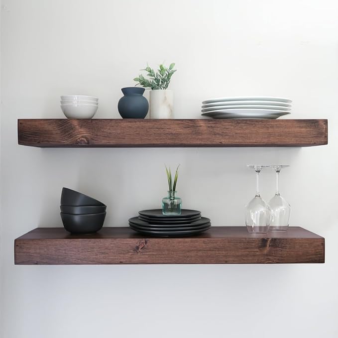 Modern Floating Shelves 3 Inches Thick for Wall, Wide Shelves for Kitchen, Living Room, Bedroom, and Bathroom, Natural Pine Wood, Rustic Wooden Shelf, (Set of 2) (Provincial, 48Lx3Hx6D)
