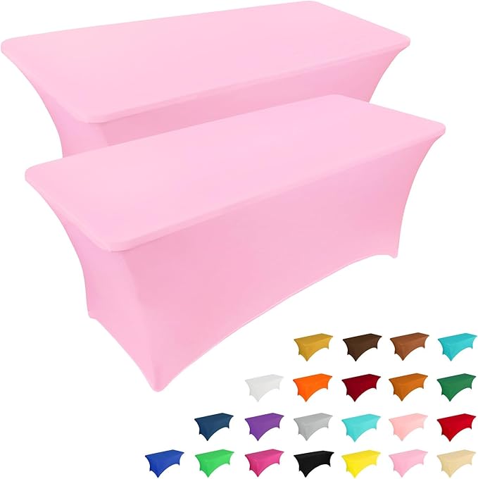IVAPUPU 2 Pack 8FT Table Cloth for Rectangular Fitted Events Stretch Pink Table Covers Washable Cover Spandex Tablecloth Protector for Party, Wedding, Cocktail, Banquet, Festival