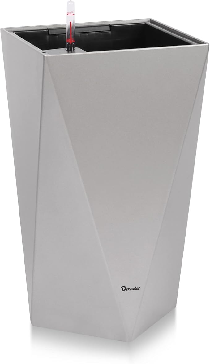 Dexceder 24 Inches Tall Self Watering Planter Diamond Metallic Matte Indoor Outdoor, Thickened Rhombus Large Floor Standing Flower Plant Pot with Water Level Indicator (Gray)