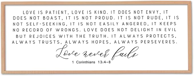 Love is Patient Kind Sign Wall Art 40"X15" 1 Corinthians 13 Bible Verse for Bedroom Above Over Bed Christianity Large Wood Framed Wall Hanging Decor (Wood）