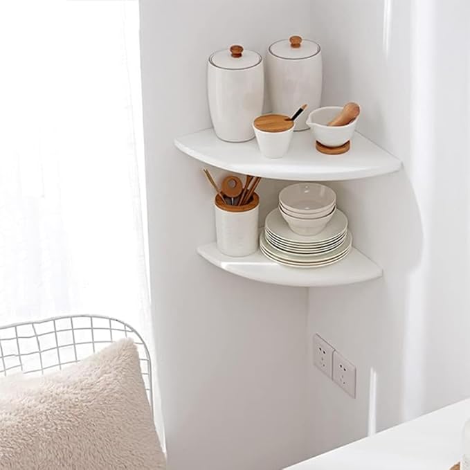 Corner Shelves, White Floating Corner Shelf, Set of 2 12inch Solid Oak Wood Wall Shelves, Round End Wall Mount with Wire Hole for Small Plant for Bedroom Kitchen, Living Room