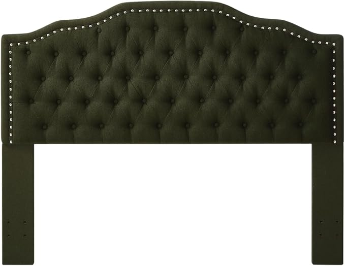24KF Upholstered Button Tufted Queen Headboard with Nailhead Trim, Elegant Boucle Fabric Full headboard, 6031-Q-Boucle-Dark Green