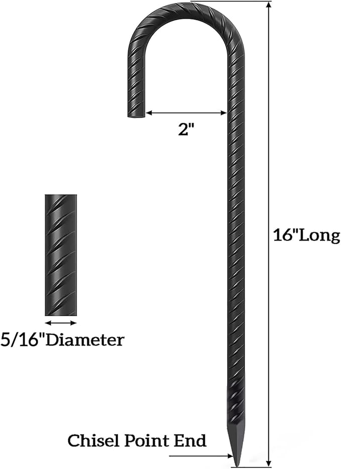 VVOKGO Rebar Stakes 16 Inches J Hook Heavy Duty Chain Link Fence Stakes, 16 Pcs Metal Long Tent Spikes Ground Anchors for Wire Fencing, Dogs Digging, Camping Tents, Swings, Greenhouse, Black