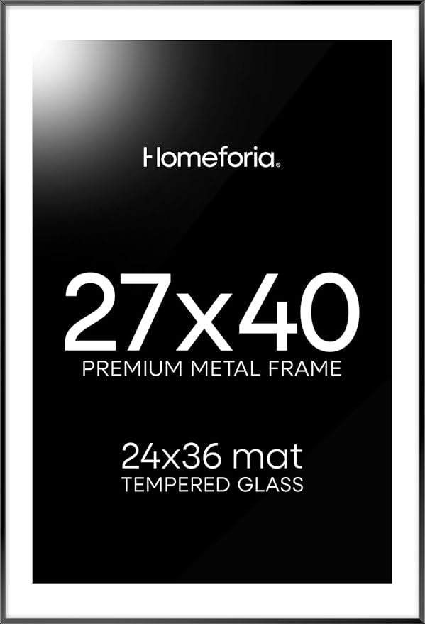 Homeforia 27x40 inch Poster Frame Black, High End Metal 27 x 40 Large Movie Picture Frames with Mat 24 by 36 in Photo, 27x40 Thin Frame Matted to 24x36, 40x27 Frame, Tempered Glass, Wall Kit, Set of 1