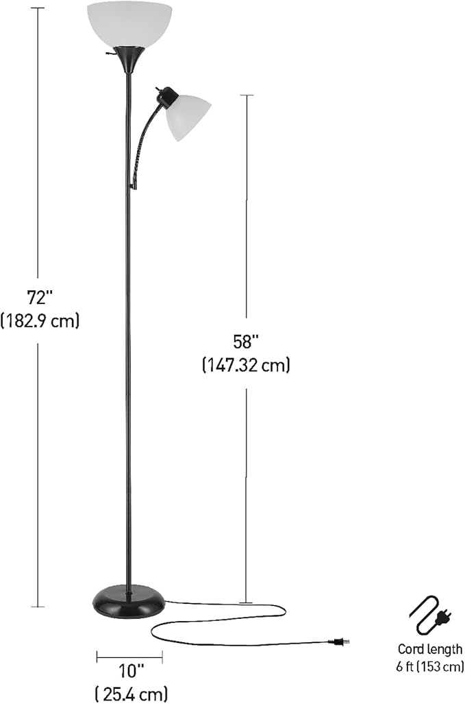 GLOBE Electric 67135 72" Torchiere Floor Lamp and Adjustable Reading Light, Matte Black, Frosted Shade, Dual Rotary Switch, 3-Step Dimming, Modern Lighting for Living Room or Office