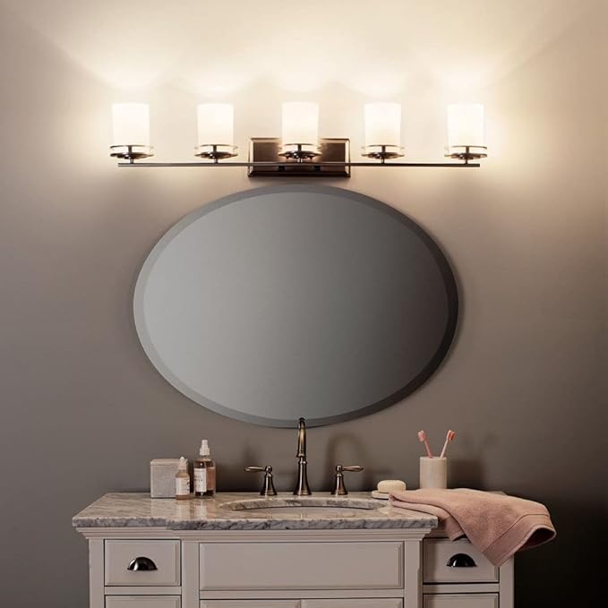 Kichler Hendrik 43" 5 Light Vanity Light with Light Umber Etched Glass Olde Bronze®