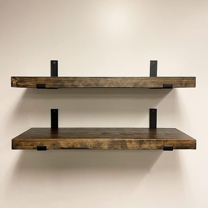 Rustic Shelves with J-Brackets Set of 2, Industrial Shelf, Kitchen Shelves, Solid Wood, Decorative Wall Storage, Heavy Duty, URBANDI (Dark Brown, 36Wx6D)