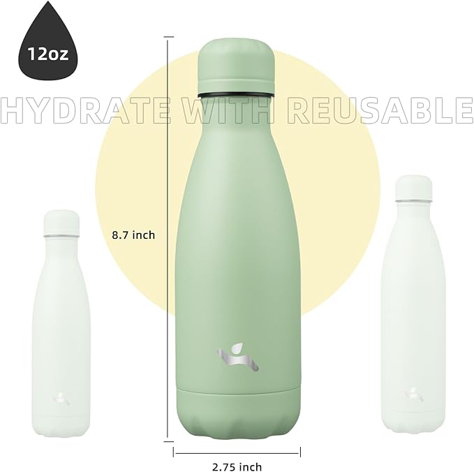 Insulated Water Bottles,12 oz Double Wall Stainless Steel Vacumm Metal Flask for Sports Travel,Macaron Green