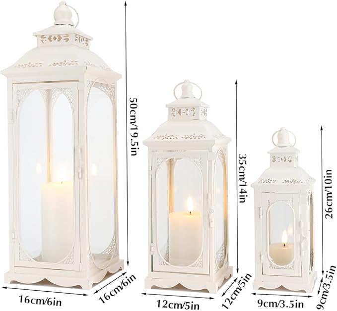 TRIROCKS Set of 3 Vintage Candle Lanterns 10/14/19.5'' High Decorative Outdoor Lantern Metal Candle Holder with Tempered Glass for Home Living Room Garden Yard Parties Events Indoors Outdoors (White)