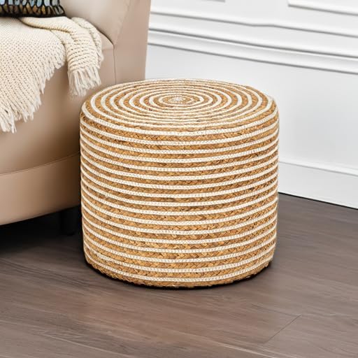 Wimarsbon 18'' Ottoman Pouf, Natural Braided Poof, Rustic Handweave Lounge Pouffe, Boho Footrest Stool for Bedroom, Accent Table or Seat for Living Room (Natural Water Hyacinth + White Cotton Rope)