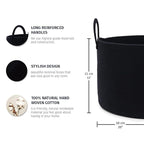 OrganiHaus Large Laundry Basket, Woven Cotton Rope Basket for Blankets, Toy Storage, Nursery Hamper, Living Room Decor Organizer, Soft & Durable Hamper with Handles, 20x13 inches - Black