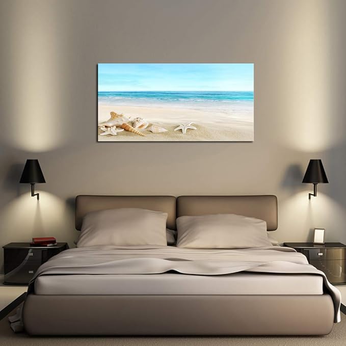 DZL Art S73975 Beach Picture Decor Ocean Painting Canvas Wall Art Prints of Starfish and Seashell on Sandy Seaside Ready to Hang for Living Room Bedroom Office Wall Decor Home Decoration