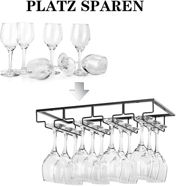 Wine Glass Rack - Under Cabinet Stemware Wine Glass Holder Glasses Storage Hanger 2 Pack Metal Organizer for Bar Kitchen 4 Rows Black